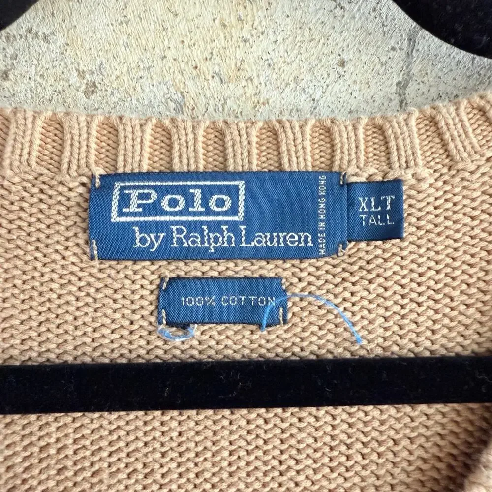 Polo Ralph Lauren Sweater Vest Vtg 90s Tan 100% Cotton Knit V Neck Hong Kong XLT
